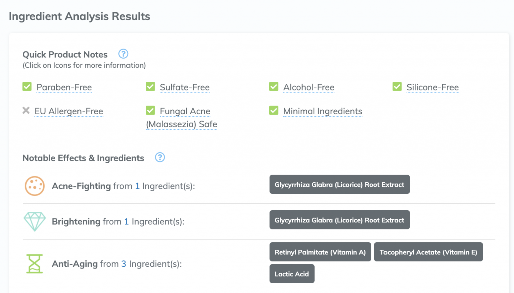 Analysis screenshot from SkinCarisma.com showing a list of the ingredients and what they're good for (& not good for)